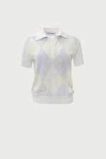 Ecru Polo Knitted T-Shirt With Rhombus Pattern