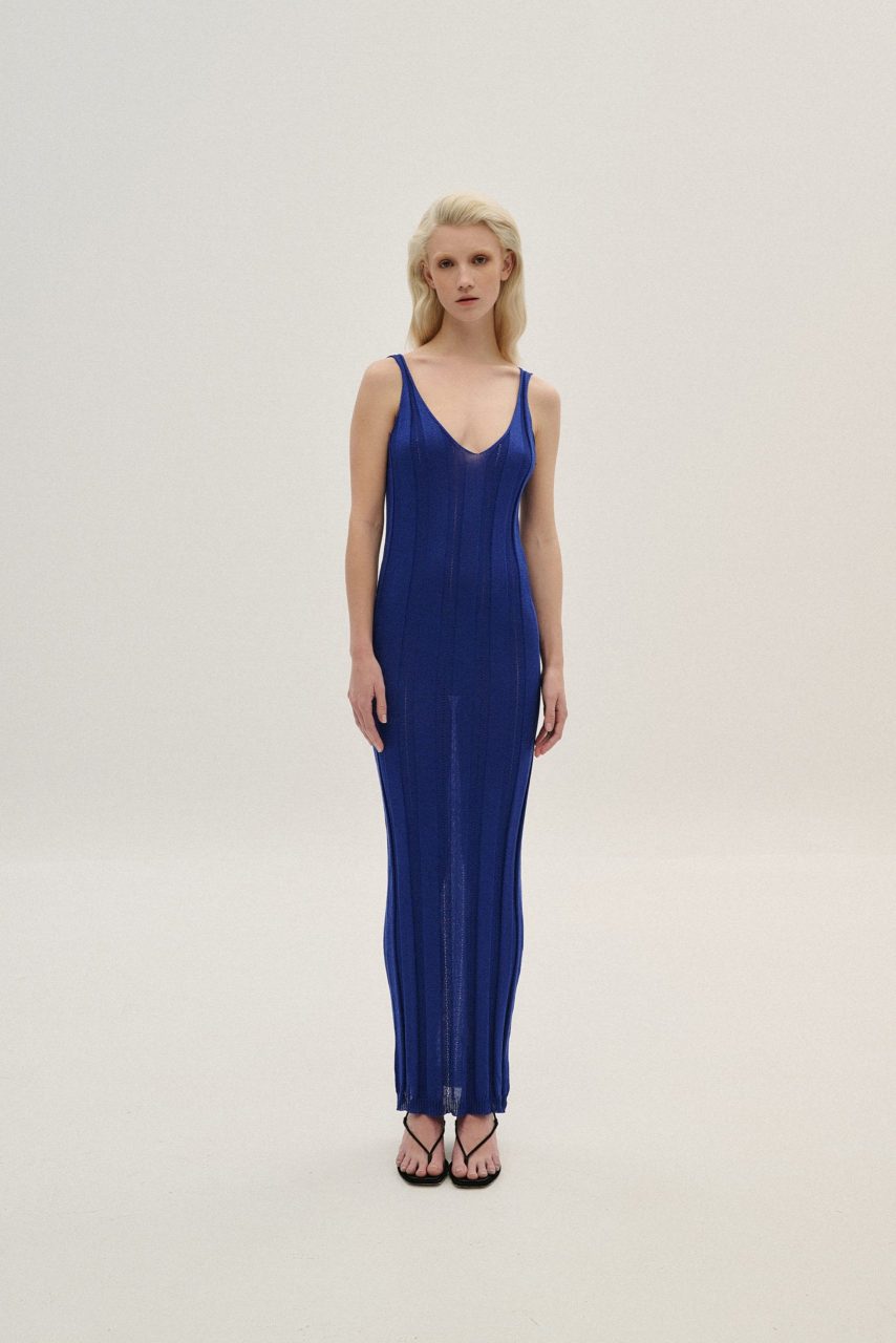 S5THDL0067 Dress (2) Φόρεμα V Maxi Lurex - Μπλε - Image 1