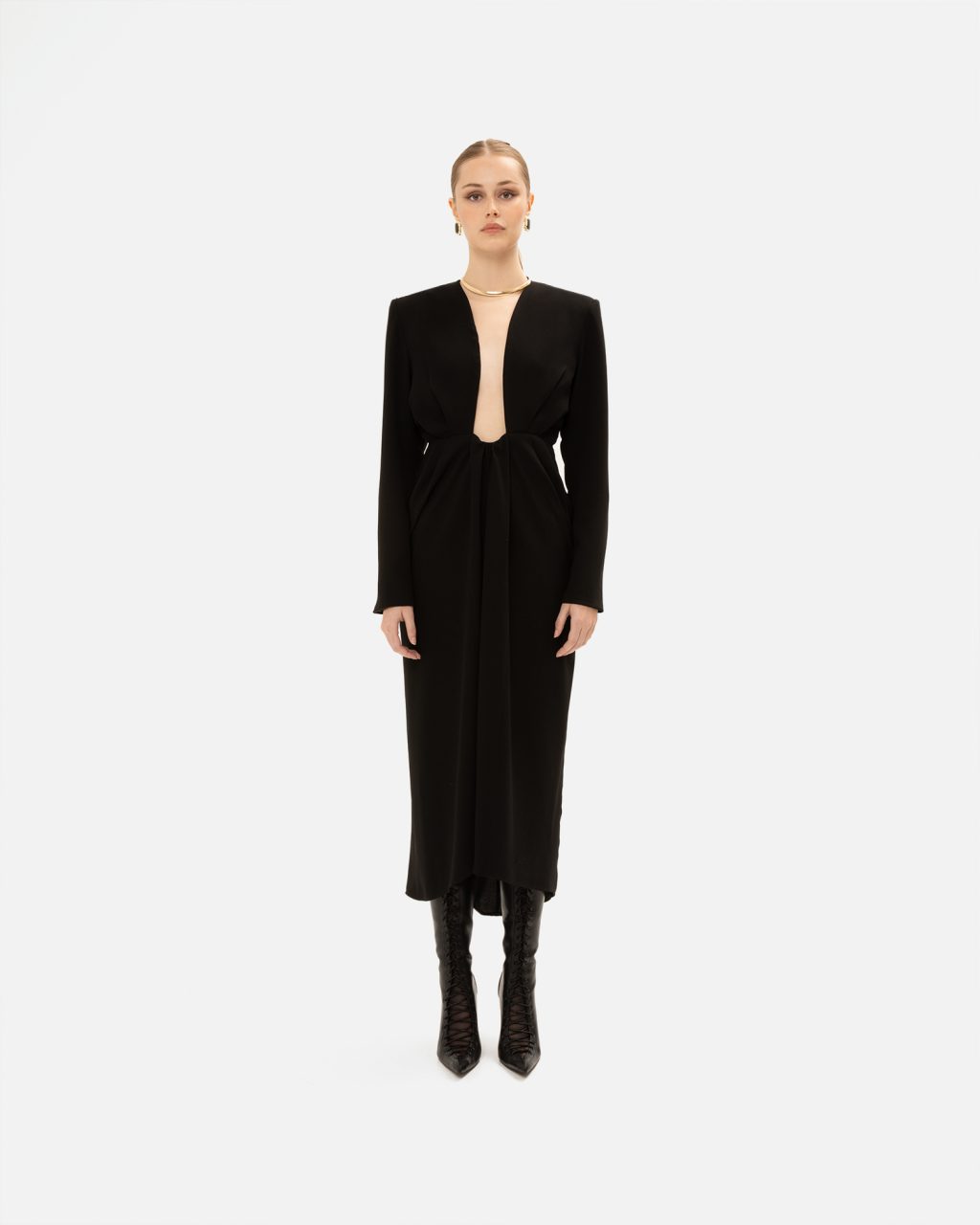 vk model xmas-479 Black Satin Midi Dress - Image 1