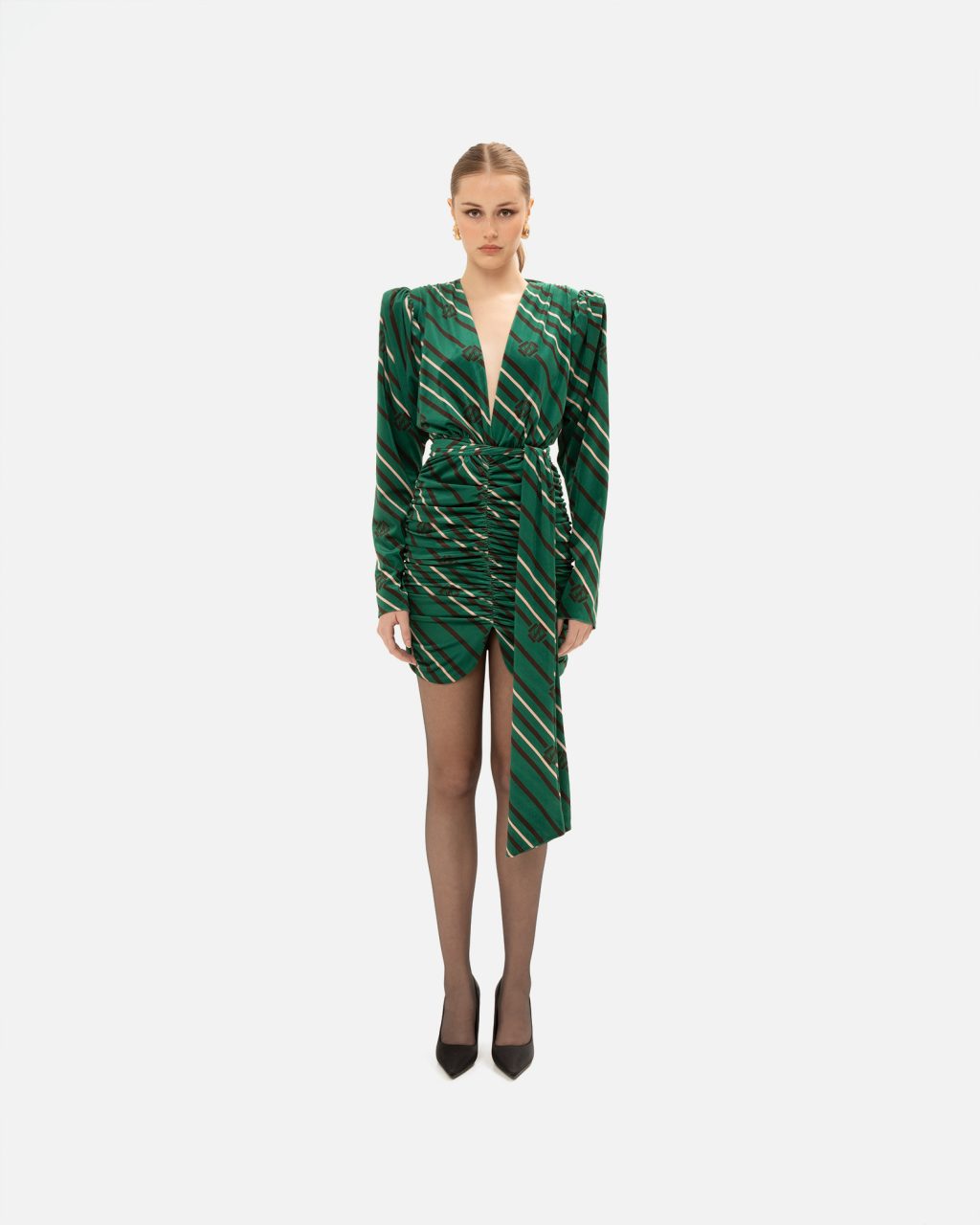 vk model xmas-584 Black & Green Striped Mini Dress - Image 1