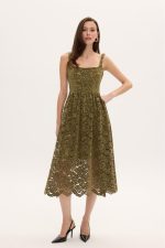 Lace Velvet Midi Dress - Λαδί
