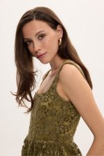 Lace Velvet Midi Dress- Λαδί - Image 2