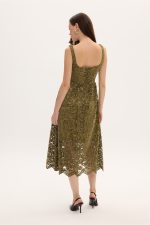 Lace Velvet Midi Dress- Λαδί - Image 3